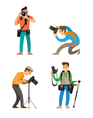 Journalists with professional equipment for taking photos, tripod and stabilizer, waist bags for cam and tools. Photographers working with camera vectorのイラスト素材