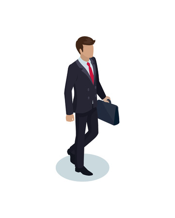 Businessman with briefcase suitcase in hands of person. Man wearing black suit wih red tie walking calmly. Confident male boss isolated on vectorのイラスト素材