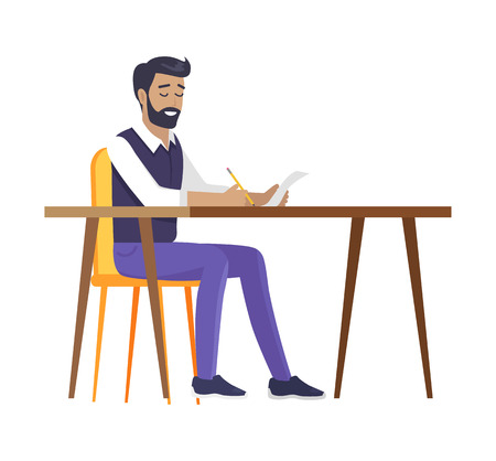 Happy bearded man sitting by table colorful card isolated on bright background, vector illustration of successful businessman that writing a letterのイラスト素材