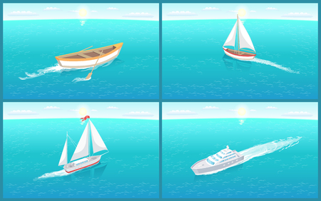 Water transport rowing boat made of wood set vector. Ship for sailing with ribbon on top. Cruise liner for people transportation in comfort safetyのイラスト素材