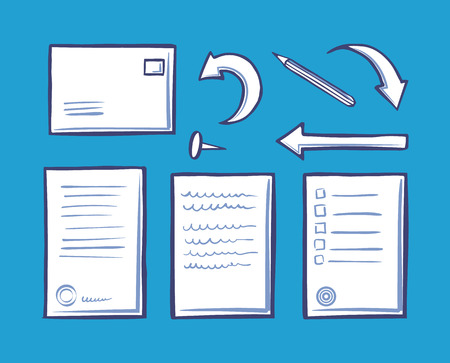 Office document and pin for papers and memo fixation isolated icons set vector. Envelope and correspondence mail. Arrowheads indicators and pencilのイラスト素材