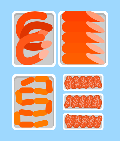 Seller counter full of butchery food products meat and sausages. Ham and chicken meal, bbq and sirloin, cash desk with monitor vector icon flat styleのイラスト素材