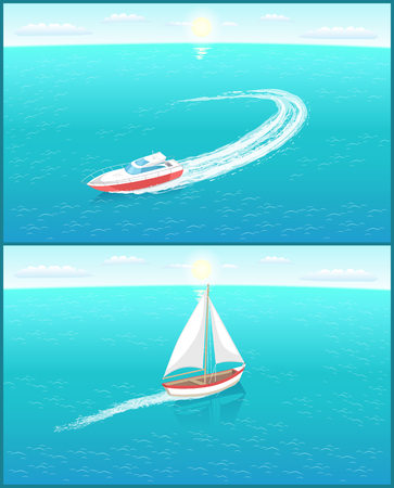 Modern yachts marine nautical personal ships icons. Sail boat with white canvas sailing in deep blue waters and leave trace vector illustration isolated.のイラスト素材