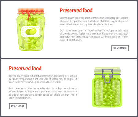 Preserved food banners, olives and grapes. Jar of vegetables or berries in marinade web pages templates vector illustrations with button under text.のイラスト素材