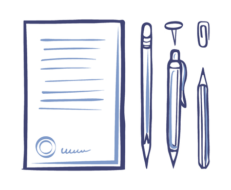 Office supplies and stationery monochrome icons vector. Document and signature at page bottom part, pencil and pen. Pin and clip, writing objectsのイラスト素材