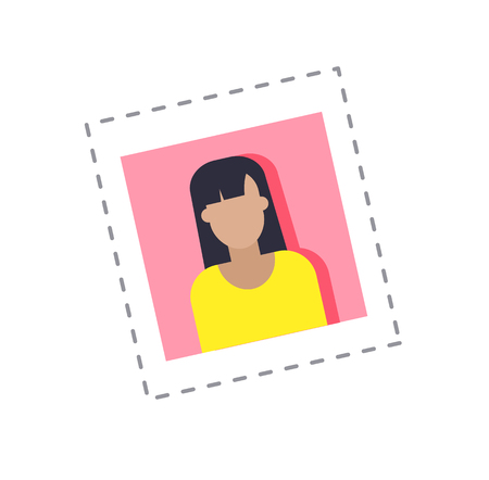 Blogger profile photograph of female, main picture of woman using social networks vector. Isolated sticker and patch with lady blogging on internetのイラスト素材