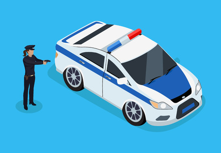 Police officer and car icons 3D isometric. Policewoman with gun and automobile profession of protecting people from criminals. Cop isolated on vectorのイラスト素材