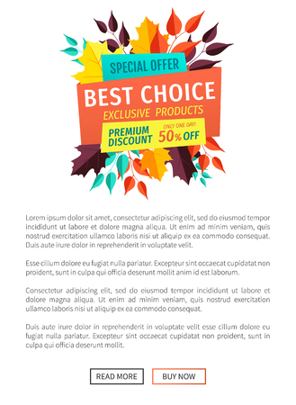Best choice exclusive offer poster. Banner ornate with autumn leaves. Discounts and sales business proposition seasonal clearance special deal vectorのイラスト素材