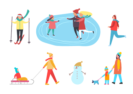 Winter activities, people skiing and skating on rink vector. Kid sitting on sledges, man jogging, mother child walking dog pet. Active family pastimeのイラスト素材