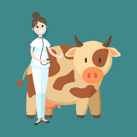 Veterinarian cow livestock carrying woman at work vector. Medical worker wearing stethoscope listening to animal heartbeat. Mammal treatmentのイラスト素材