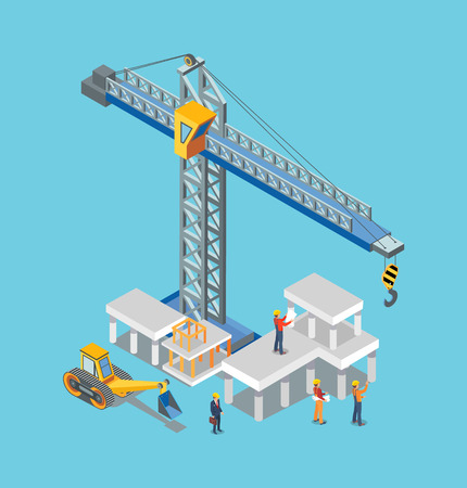 Construction building machines and worker man vector. Crane loading and lifting blocks of cement, industrial machinery, working industry buildersのイラスト素材