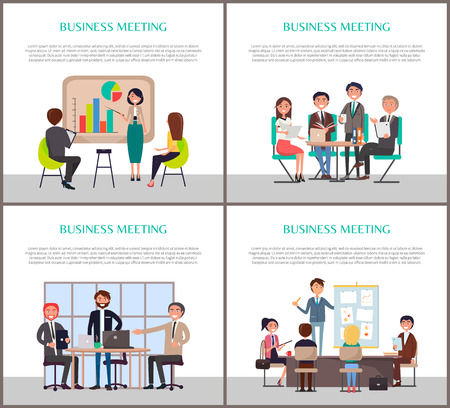 Business meeting of office workers staff vector. Posters with text sample, businessman and businesswoman presenting charts graphic ideas on whiteboardのイラスト素材