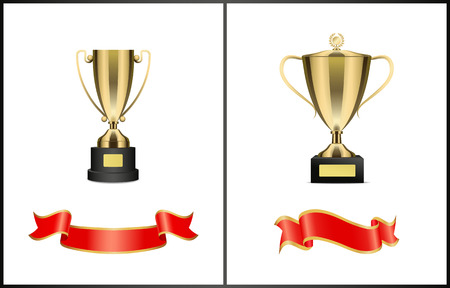 Golden cups and shiny ribbons colorful poster, vector precious awards for great sport achievements, trophies on stands with nameplate, laurel wreathsのイラスト素材
