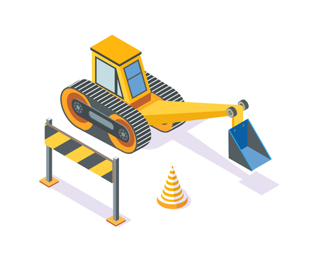 Excavator, road plastic cone and wooden stand regulating traffic movement vector. Machinery for working and development, machine with shovel diggingのイラスト素材