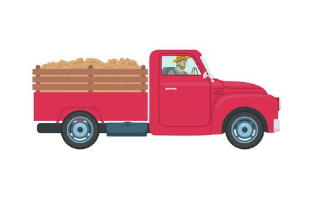 Car with trailer and cargo icon vector. Person driving farming vehicles for transportation and hauling production. Machinery and farmer in transportのイラスト素材