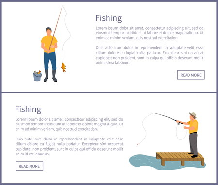 Fishing people wearing waders and special clothes on posters set. Man catching fish and put in bucket. Man standing on wooden pier vector illustrationのイラスト素材
