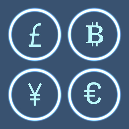 Bitcoin cryptocurrency and yen isolated icons set vector. Virtual money and signs, financial assets pound sterling and euro, Chinese yen in circlesのイラスト素材