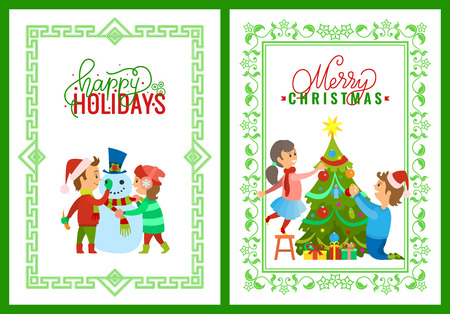 Merry Christmas holidays children playing outdoors building snowman vector. Evergreen pine tree decorating by father and daughter. Family days at homeのイラスト素材
