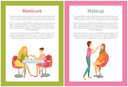 Makeup visagiste working with clients face using brush. Manicure manicurist polishing nails vector posters with text sample. Nail polishing and brushing faceのイラスト素材