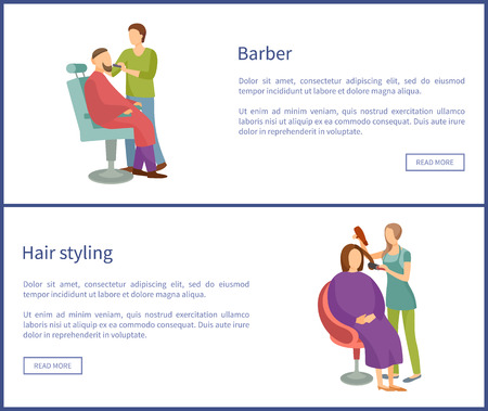 Barber shop and hair styling web posters hairdresser cutting or shaving beard and mustaches to man in armchair. Hairstyle salons with haircut servicesのイラスト素材