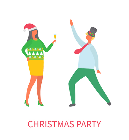 Christmas party couple of man and woman dancing and drinking vector. Lady holding glass with champagne, man with hat decorated with mistletoe leafのイラスト素材