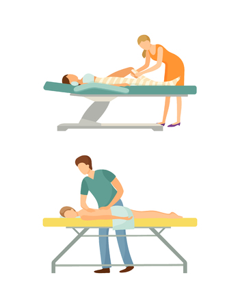 Spa salon, body wrap done by experienced specialist expert. Massage procedure by professional masseur and client lying on table and relaxing vectorのイラスト素材