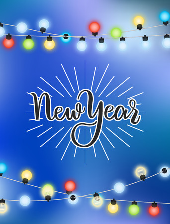 New Year lettering, winter holiday card with garland made of light bulbs. Wintertime decorative electric lamps, sparkling bubbles isolated on blue, vectorのイラスト素材