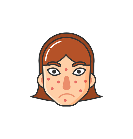 Girl with rash on face, skin problem caused by sickness isolated icon vector. Allergic reaction to natural products, allergy flat style, health careのイラスト素材