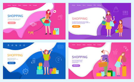 Shopping daughter and mother walking with bags vector. Lady thinking of going to shoe store and buy boots. Couple woman and man, annoyed of shopsのイラスト素材