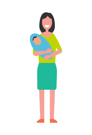 Woman holding newborn baby on hands, motherhood concept vector illustration isolated. Mother and son infant, happy nursery, taking care about childのイラスト素材