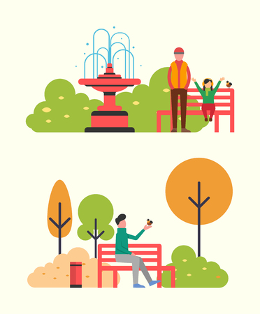 Man sitting on bench and holding bird in hands. Father and daughter walking in autumn park. Fall landscape and color trees. Vector bin and fountainのイラスト素材