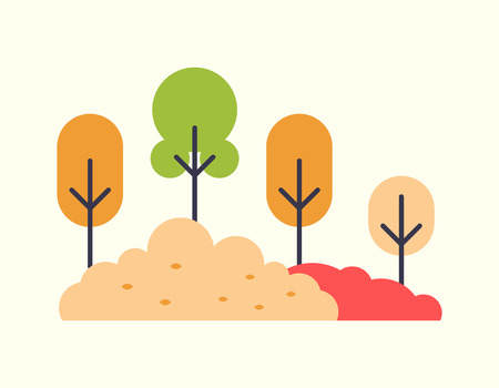 Orange and red color trees and multicolor bushes autumn scenery. Fall season plants decor and flat design elements isolated on white, vector iconsのイラスト素材