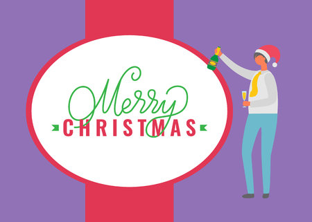 Merry Christmas poster, person in Santa Claus hat celebrating Christmas. Male character with glass of champagne and bottle wishes happy holidays, vectorのイラスト素材