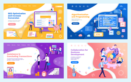 Collaboration of business development, meeting conference of workers vector. Algorithmization and programming, marketing plan and promotion strategyのイラスト素材
