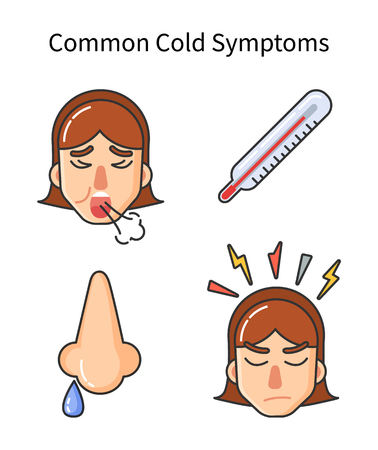 Common cold symptoms, sick girl isolated icons vector. Fever high temperature, runny nose drop, female coughing, headache and bolts of pain angerのイラスト素材