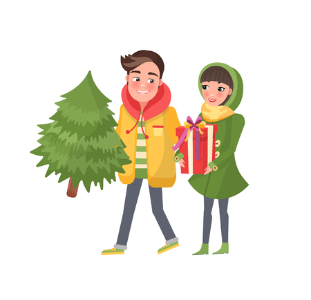 Man and woman with spruce isolated vector. Merry couple returns from shopping, Christmas tree and packages. Happy Young family getting ready to Xmas eveのイラスト素材