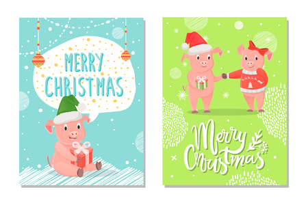 Greeting card Merry Christmas 2019 illustration. Sitting pink piggy in santa hat with gift box. Boy in red cap holding gift. Girl in jersey and bow vectorのイラスト素材
