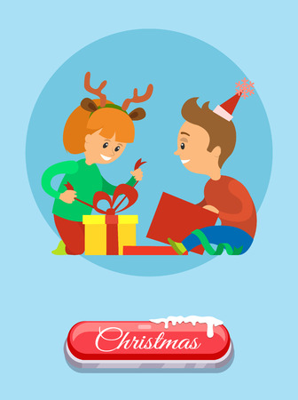 Christmas holidays, children opening presents vector. Boy and girl unpacking gifts, smiling children unwrapping packages with surprises, vector web page on blueのイラスト素材