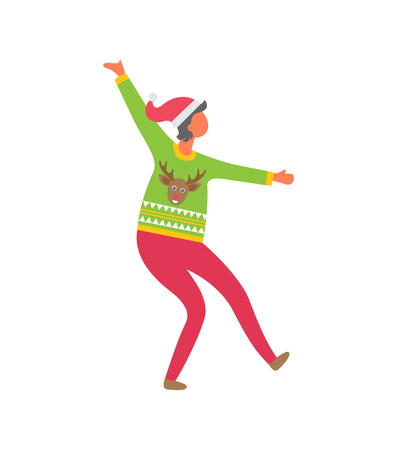 Woman in sweater with reindeer, dressed in pink trousers and Santa Claus Hat wishes Merry Christmas. Dancing female stand on one leg, vector iconのイラスト素材