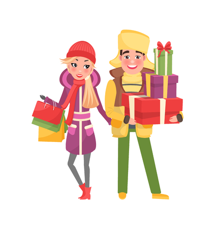 Married couple on shopping. Man and woman in warm winter cloth with wrapped gift boxes and presents. Packages with surprises, Xmas time celebrationのイラスト素材