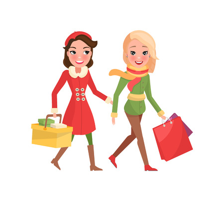 Christmas wintertime, winter holiday preparation vector. Woman carrying paper package and basket with products. Females friends shopping togetherのイラスト素材
