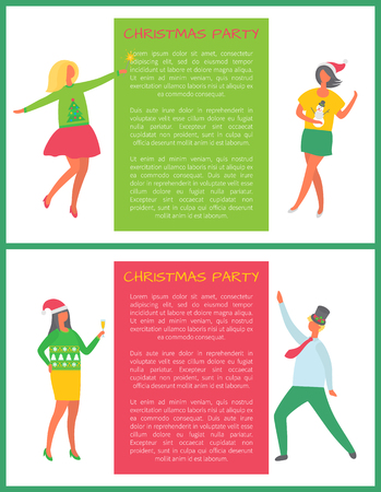 Dancing man, woman in green sweater with fir trees, females in Santa hat, cartoon characters on Christmas celebration party. Happy people celebrating New Yearのイラスト素材