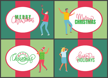 Jingle bells happy New Year and Merry Christmas celebration posters on multicolor background. People with champagne drinking alcohol and dancing. Fun party of man and womanのイラスト素材
