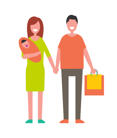 Married couple with newborn baby and shopping bags. Mother beside father, parents of little child carrying packages vector illustration isolated.のイラスト素材