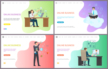 Online business, businessman working with laptops boss at job vector. Leader of company interacting with data, globe cogwheel, cloud and conferenceのイラスト素材