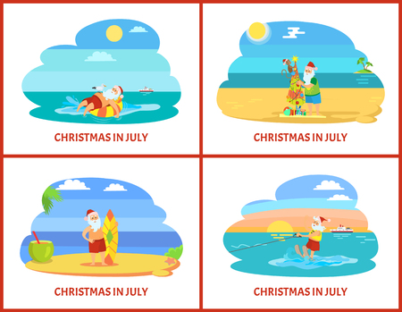 Cartoon illustrations on beach in July. Santa on plage standing with surf and fir-tree, going water skiing on sunset and laying on rubber ring vectorのイラスト素材