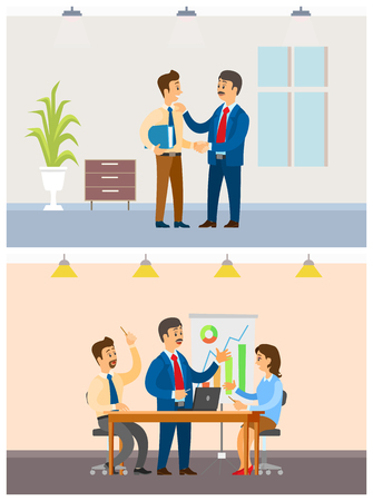 Working task or business meeting, office workers. Boss and employees, company statistics discussion, executive clerk with folder vector illustrations.のイラスト素材