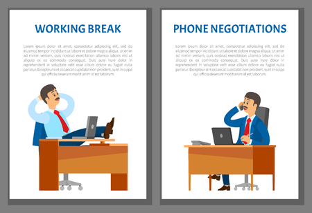 Working break and phone negotiations vector posters. Boss leader speaking on telephone, conversation with client in support center. Man resting at workplaceのイラスト素材