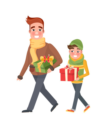 Father and boy with wrapped gift boxes and packages presents. Cartoon style male, customers isolated. Dad and son do shopping together, isolated vectorのイラスト素材