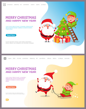 Merry Christmas and happy New Year, tree and Santa. Vector huge xmas spruce decorated by toys. Father Frost and joyful Elf riding on sleigh or toboggansのイラスト素材